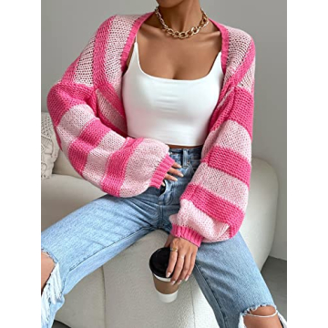 GORGLITTER Women's Color Block Striped Bolero Shrug Sweater Long Sleeve Open Front Crop Cardigan Top Outerwear Pink Small