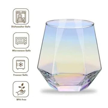 Moretoes Stemless Wine Glasses Set of 4, 10oz Iridescent Glassware, Modern Diamond Wine Glasses for Red Wine, Whiskey