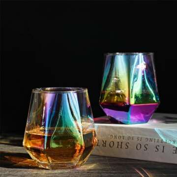 Moretoes Stemless Wine Glasses Set of 4, 10oz Iridescent Glassware, Modern Diamond Wine Glasses for Red Wine, Whiskey