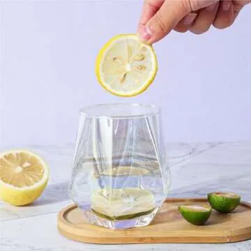 Moretoes Stemless Wine Glasses Set of 4, 10oz Iridescent Glassware, Modern Diamond Wine Glasses for Red Wine, Whiskey