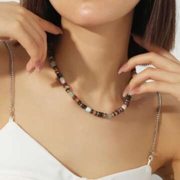 Beaded Gemstone Necklace for Women, Colorful Boho Bead Choker Necklace Natural Stone Freshwater Pear...