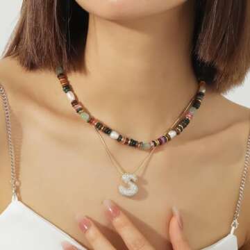 Beaded Gemstone Necklace for Women, Colorful Boho Bead Choker Necklace Natural Stone Freshwater Pearl Surfer Beach Necklace 14K Gold Plated Summer Handmade Jewelry Gifts for friend