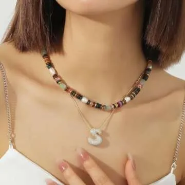 Beaded Gemstone Necklace for Women, Colorful Boho Bead Choker Necklace Natural Stone Freshwater Pearl Surfer Beach Necklace 14K Gold Plated Summer Handmade Jewelry Gifts for friend