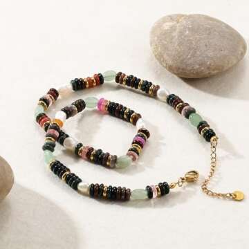 Beaded Gemstone Necklace for Women, Colorful Boho Bead Choker Necklace Natural Stone Freshwater Pearl Surfer Beach Necklace 14K Gold Plated Summer Handmade Jewelry Gifts for friend