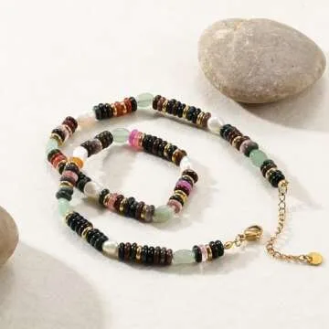 Beaded Gemstone Necklace for Women, Colorful Boho Bead Choker Necklace Natural Stone Freshwater Pearl Surfer Beach Necklace 14K Gold Plated Summer Handmade Jewelry Gifts for friend