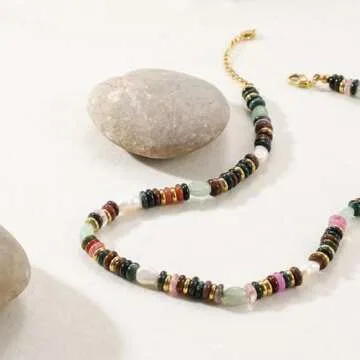 Beaded Gemstone Necklace for Women, Colorful Boho Bead Choker Necklace Natural Stone Freshwater Pearl Surfer Beach Necklace 14K Gold Plated Summer Handmade Jewelry Gifts for friend