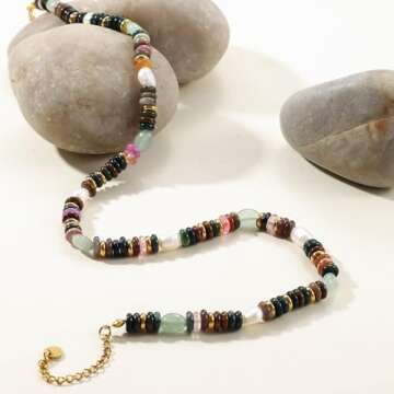 Beaded Gemstone Necklace for Women, Colorful Boho Bead Choker Necklace Natural Stone Freshwater Pearl Surfer Beach Necklace 14K Gold Plated Summer Handmade Jewelry Gifts for friend