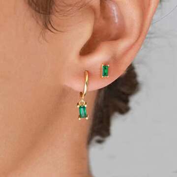 Small Gold Hoop Earrings With Green Drop, Gold Huggie Hoop Earrings For Women 14K Gold Hoops Hypoall...