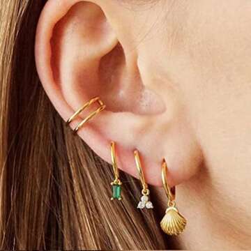 Elegant Small Gold Huggie Earrings with Green Drop