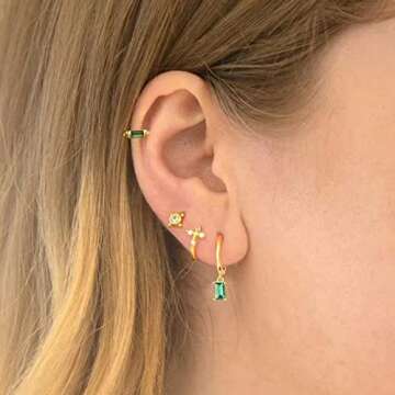 Elegant Small Gold Huggie Earrings with Green Drop