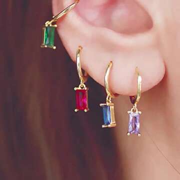 Elegant Small Gold Huggie Earrings with Green Drop