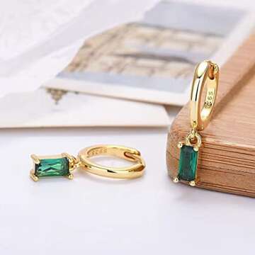 Elegant Small Gold Huggie Earrings with Green Drop
