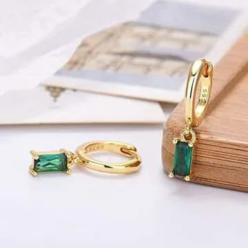 Elegant Small Gold Huggie Earrings with Green Drop