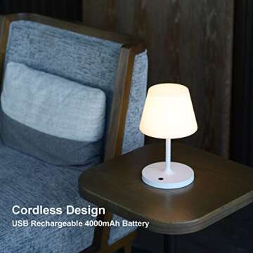 LOTITOL Outdoor Table Lamp/Cordless USB Rechargeable 4000mAh / 2700K LED/Touch Dimmable/Portable Battery Operated / IP44 Waterproof/PE Shade/Bedroom Dinning Camping Patio (9.6in, White)