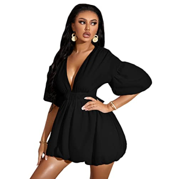 WDIRARA Puff Sleeve Deep V Neck Mini Dress for Women