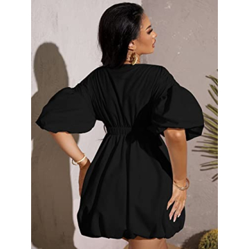 WDIRARA Puff Sleeve Deep V Neck Mini Dress for Women