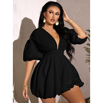 WDIRARA Puff Sleeve Deep V Neck Mini Dress for Women