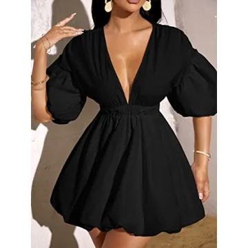 WDIRARA Puff Sleeve Deep V Neck Mini Dress for Women