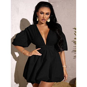 WDIRARA Puff Sleeve Deep V Neck Mini Dress for Women
