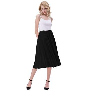 Kate Kasin Women's High Waist A-line Skirt Pleated Midi Skirt Black L KK659-3