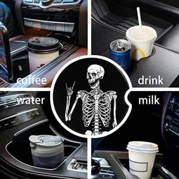 Absorbent Car Coasters Set of 4, 2.56“ Ceramic Auto Car Cup Holder Coasters with Cork Back and Finger Notch for Easy Remove, Stylish Car Accessories to Keep Your Car Clean and Dry (Black Side 4pcs)