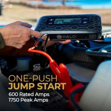 Halo Bolt Air+ 1750 Portable Vehicle Jump Starter with Air Compressor, Power Bank, Floodlight with Digital Display Charges Multiple Devices, Black