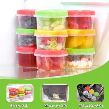Zezzxu 8 oz Small Plastic Food Containers, 12 Pack Reusable Food Storage Containers with Screw on Lids Meal Prep Jars, Microwave & Freezer Safe & Leakproof (Red/Green/Yellow)