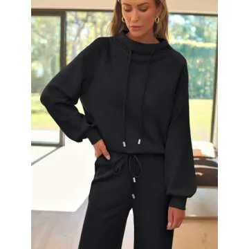 AUTOMET Lounge Sets for Women Sweatsuits 2 Piece Outfits 2025 Fall Drawstring Sweatshirt Wide Leg Sweatpants Tracksuit Black M