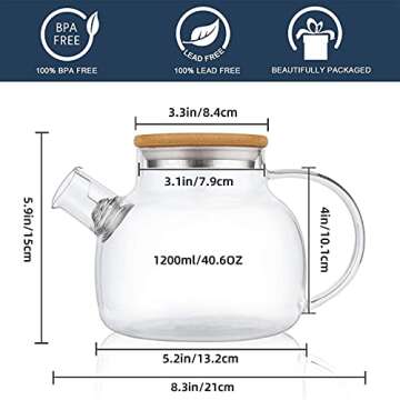 CnGlass Glass Teapot - Stovetop Safe, 40.6oz with Removable Infuser