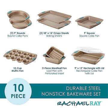 Rachael Ray 47578 Cucina Nonstick Bakeware Set with Grips Includes Nonstick Bread Pan, Baking Sheet, Cookie Sheet, Baking Pans, Cake Pan and Muffin Pan - 10 Piece, Latte Brown with Agave Blue Grips