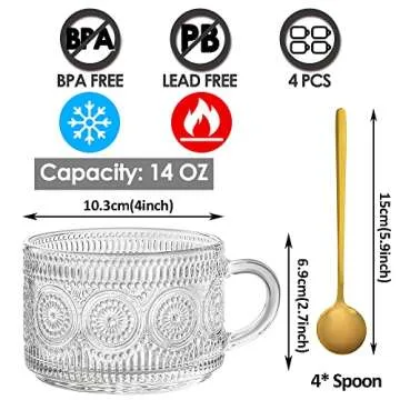 Ymyaye Vintage Glass Coffee Mugs Set of 4,14 OZ Embossed Glass Coffee Cups Coffee Mugs for Cereal, Y...
