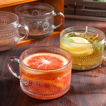 Ymyaye Vintage Glass Coffee Mugs Set of 4,14 OZ Embossed Glass Coffee Cups Coffee Mugs for Cereal, Yogurt, Latte, Clear Breakfast Cups with Handle for Housewarming Gifts (2*Flower+2*Beads)