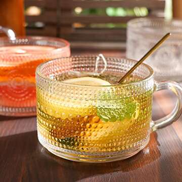 Ymyaye Vintage Glass Coffee Mugs Set of 4,14 OZ Embossed Glass Coffee Cups Coffee Mugs for Cereal, Yogurt, Latte, Clear Breakfast Cups with Handle for Housewarming Gifts (2*Flower+2*Beads)