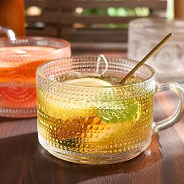 Ymyaye Vintage Glass Coffee Mugs Set of 4,14 OZ Embossed Glass Coffee Cups Coffee Mugs for Cereal, Yogurt, Latte, Clear Breakfast Cups with Handle for Housewarming Gifts (2*Flower+2*Beads)