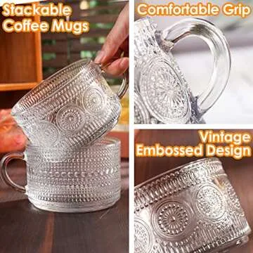 Ymyaye Vintage Glass Coffee Mugs Set of 4,14 OZ Embossed Glass Coffee Cups Coffee Mugs for Cereal, Yogurt, Latte, Clear Breakfast Cups with Handle for Housewarming Gifts (2*Flower+2*Beads)