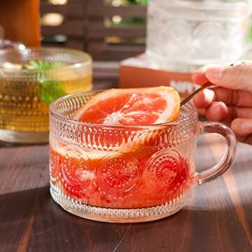 Ymyaye Vintage Glass Coffee Mugs Set of 4,14 OZ Embossed Glass Coffee Cups Coffee Mugs for Cereal, Yogurt, Latte, Clear Breakfast Cups with Handle for Housewarming Gifts (2*Flower+2*Beads)