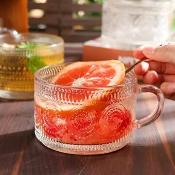 Ymyaye Vintage Glass Coffee Mugs Set of 4,14 OZ Embossed Glass Coffee Cups Coffee Mugs for Cereal, Yogurt, Latte, Clear Breakfast Cups with Handle for Housewarming Gifts (2*Flower+2*Beads)