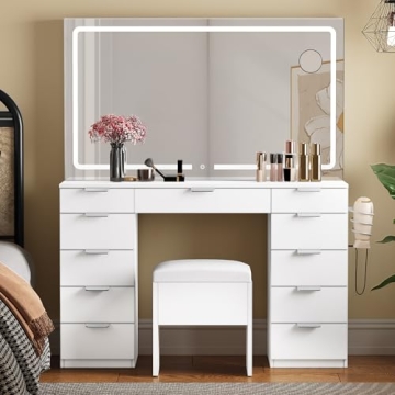 YITAHOME Makeup Vanity with LED Illuminated Mirror & Power Outlet, 46'' Vanity Desk Set Boasting 11 ...