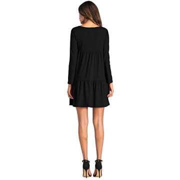 ZJCT Womens Long Sleeve Loose Dress Round Neck Pleated Swing Casual Dresses Black L