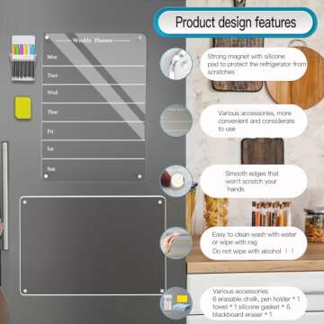 Todkoding 2 PCS 9"x13" Clear Weekly Meal Planner Magnetic Acrylic Board,Acrylic Magnetic Dry Erase Board for Fridge, Magnet Week Calendar for Refrigerator Includes 6 Colors Markers and Pen Container