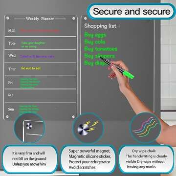 Todkoding 2 PCS 9"x13" Clear Weekly Meal Planner Magnetic Acrylic Board,Acrylic Magnetic Dry Erase Board for Fridge, Magnet Week Calendar for Refrigerator Includes 6 Colors Markers and Pen Container