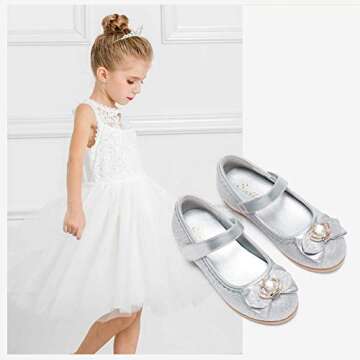 Stelle Girls Dress Shoes Glitter Princess Shoe Flower Mary Jane Low Heels Party Wedding Prom Footwear for Toddler Kids(T16-Silver, 12ML)