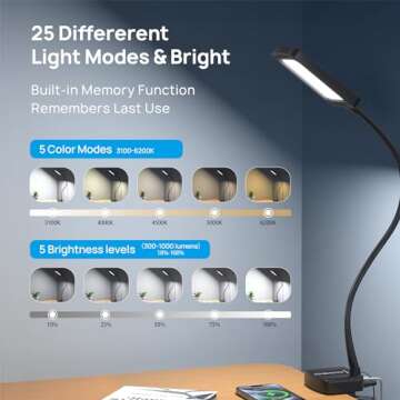 TROND Desk Lamp with Versatility Clamp, 1000LM Clip on Light, 5 Color Modes 5 Brightness Levels, Gooseneck Touch Control with USB Charging Port, 30 Mins Timer for Reading Craft Sewing Work Study Task