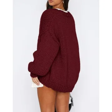 PRETTYGARDEN Womens Cardigan Sweaters 2025 Spring Fall Trendy Chunky Knit Outerwear Outfits Fashion Long Sleeve Cardigans (Wine Red,Medium)