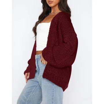 PRETTYGARDEN Womens Cardigan Sweaters 2025 Spring Fall Trendy Chunky Knit Outerwear Outfits Fashion Long Sleeve Cardigans (Wine Red,Medium)