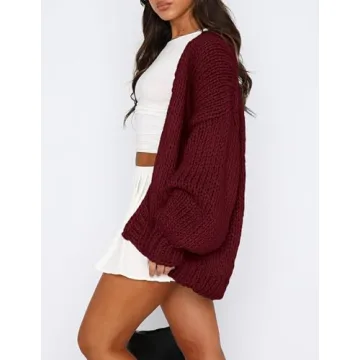 PRETTYGARDEN Womens Cardigan Sweaters 2025 Spring Fall Trendy Chunky Knit Outerwear Outfits Fashion Long Sleeve Cardigans (Wine Red,Medium)