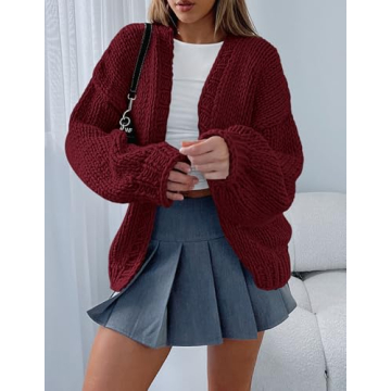 PRETTYGARDEN Womens Cardigan Sweaters 2025 Spring Fall Trendy Chunky Knit Outerwear Outfits Fashion Long Sleeve Cardigans (Wine Red,Medium)