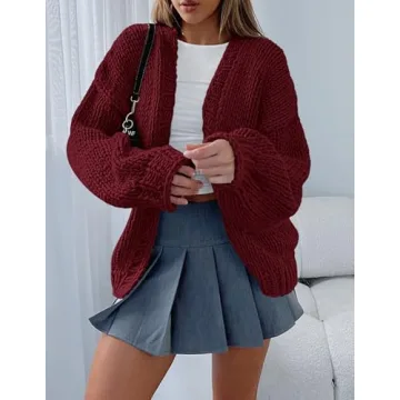 PRETTYGARDEN Womens Cardigan Sweaters 2025 Spring Fall Trendy Chunky Knit Outerwear Outfits Fashion Long Sleeve Cardigans (Wine Red,Medium)