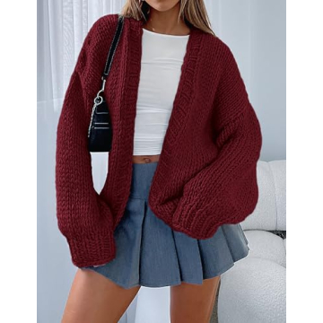 PRETTYGARDEN Womens Cardigan Sweaters 2025 Spring Fall Trendy Chunky Knit Outerwear Outfits Fashion Long Sleeve Cardigans (Wine Red,Medium)