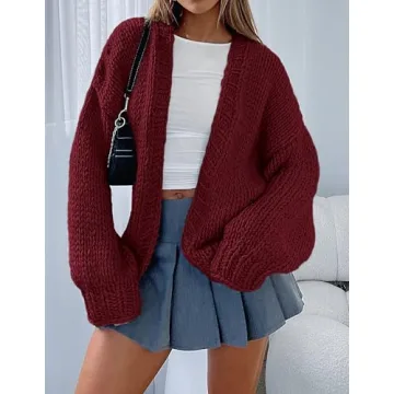PRETTYGARDEN Womens Cardigan Sweaters 2025 Spring Fall Trendy Chunky Knit Outerwear Outfits Fashion Long Sleeve Cardigans (Wine Red,Medium)